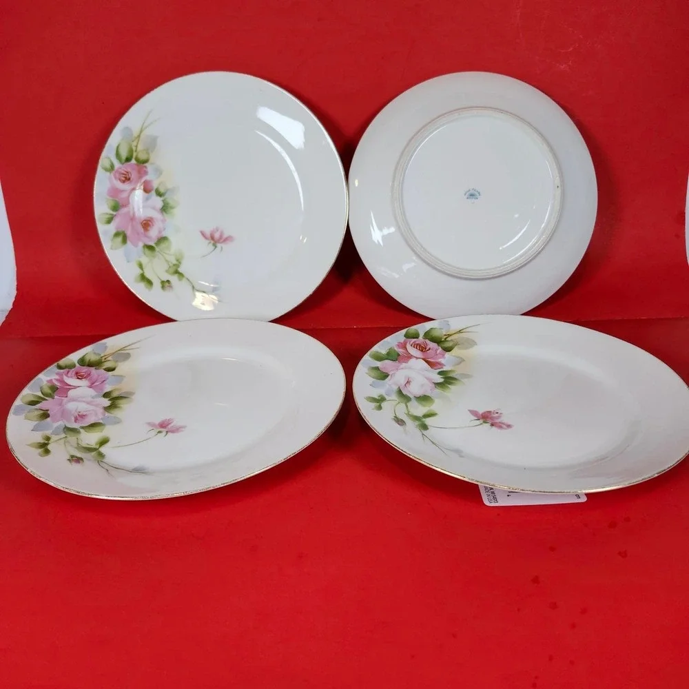 Vintage Hand Painted Nippon Plates Set of 4 Pink Roses Gold Rim Dining‎